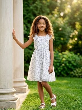 NWT Pippa & Julie Cream Kids Dress - Blue Flowers ~sz 14